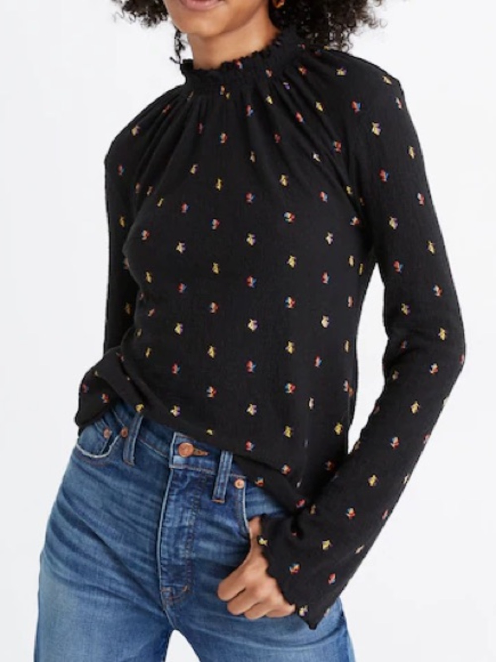 Madewell Texture & Thread Ruffled Mockneck Top in Rainbow Buds Floral Large